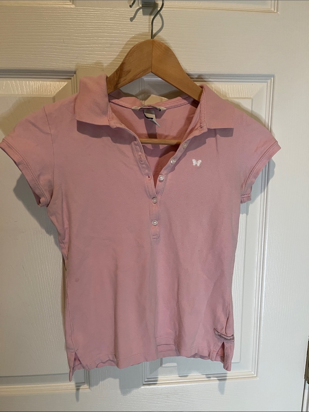 Aeropostale Pink Short-Sleeve Polo Button-Down Top with Butterfly Accent